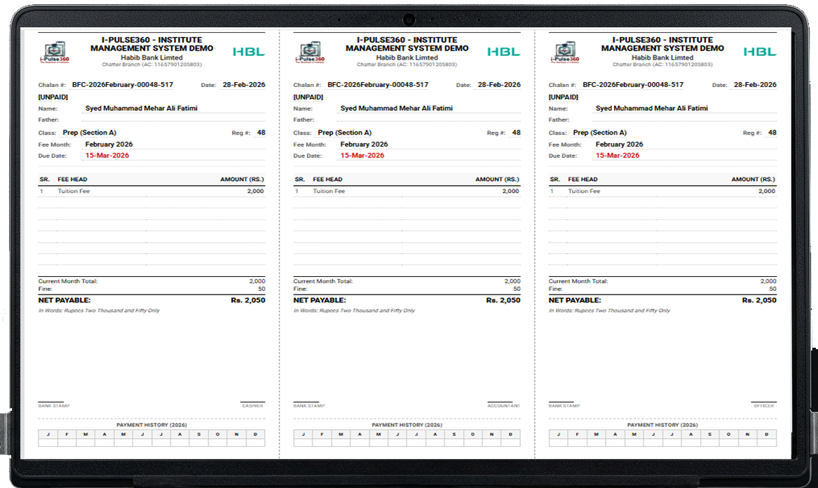 i-Pulse360 Fee Challan - Desktop View
