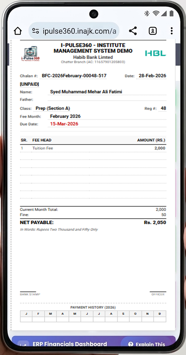 i-Pulse360 Fee Challan - Mobile View